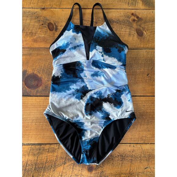 Womens Nike Swim Blue Black Cascade High Neck Racerback One-Piece Swimsuit Large - Picture 1 of 11